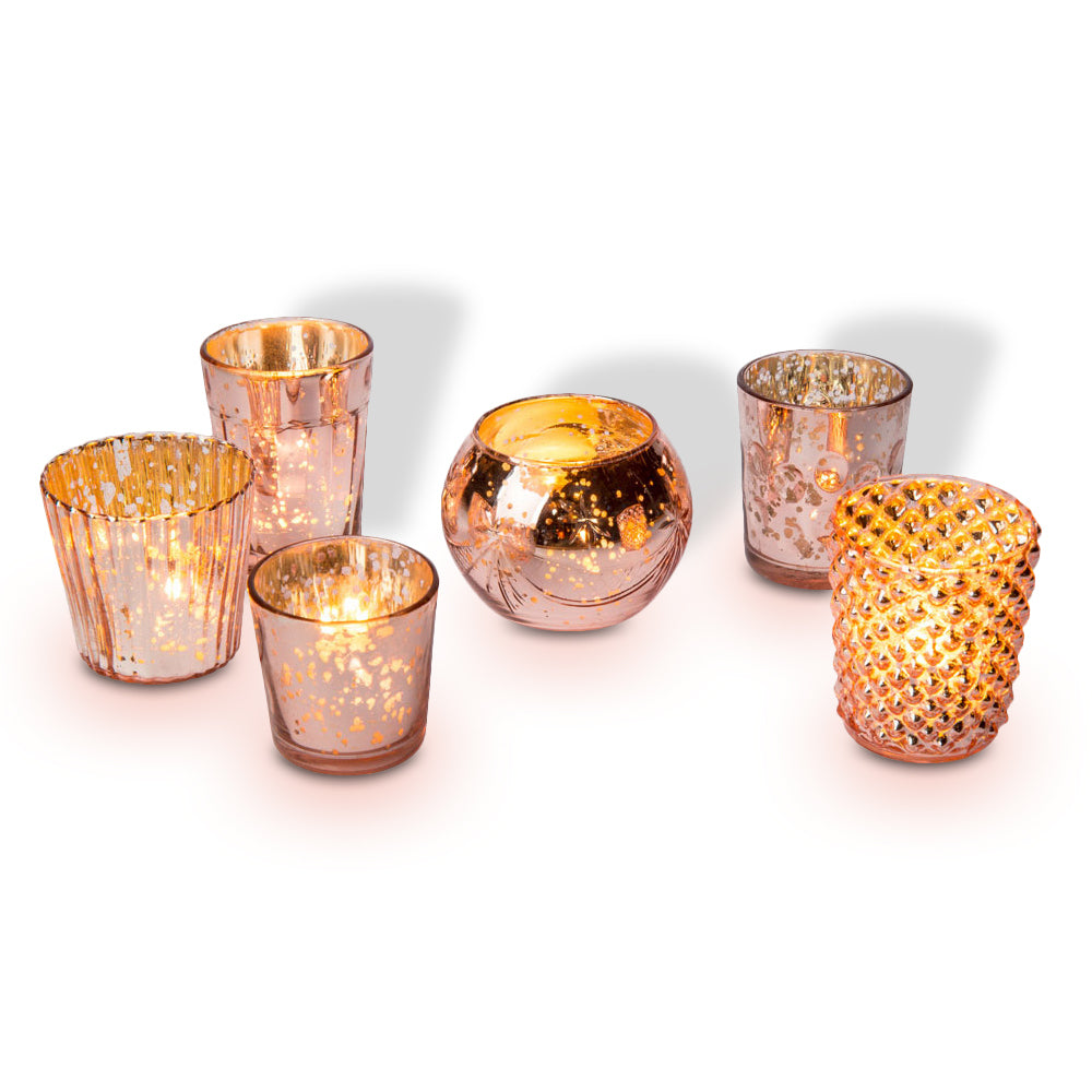 Best of Show Vintage Mercury Glass Votive Tea Light Candle Holders - Rose Gold Pink (6 PACK, Assorted Designs)