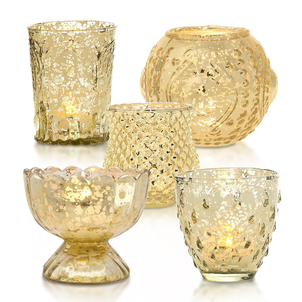 Allure Gold Mercury Glass Tea Light Votive Candle Holders (Set of 5, Assorted Designs and Sizes)