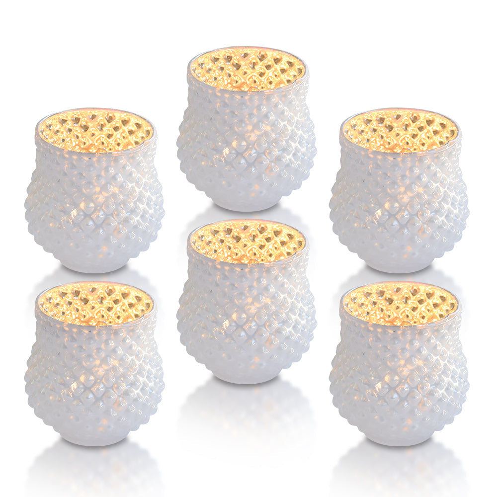 6 Pack | Vintage Mercury Glass Vase and Candle Holders (3-Inch, Small Ruby, Pearl White) - For Use with Tea Lights - For Home Decor, Parties and Wedding Decorations