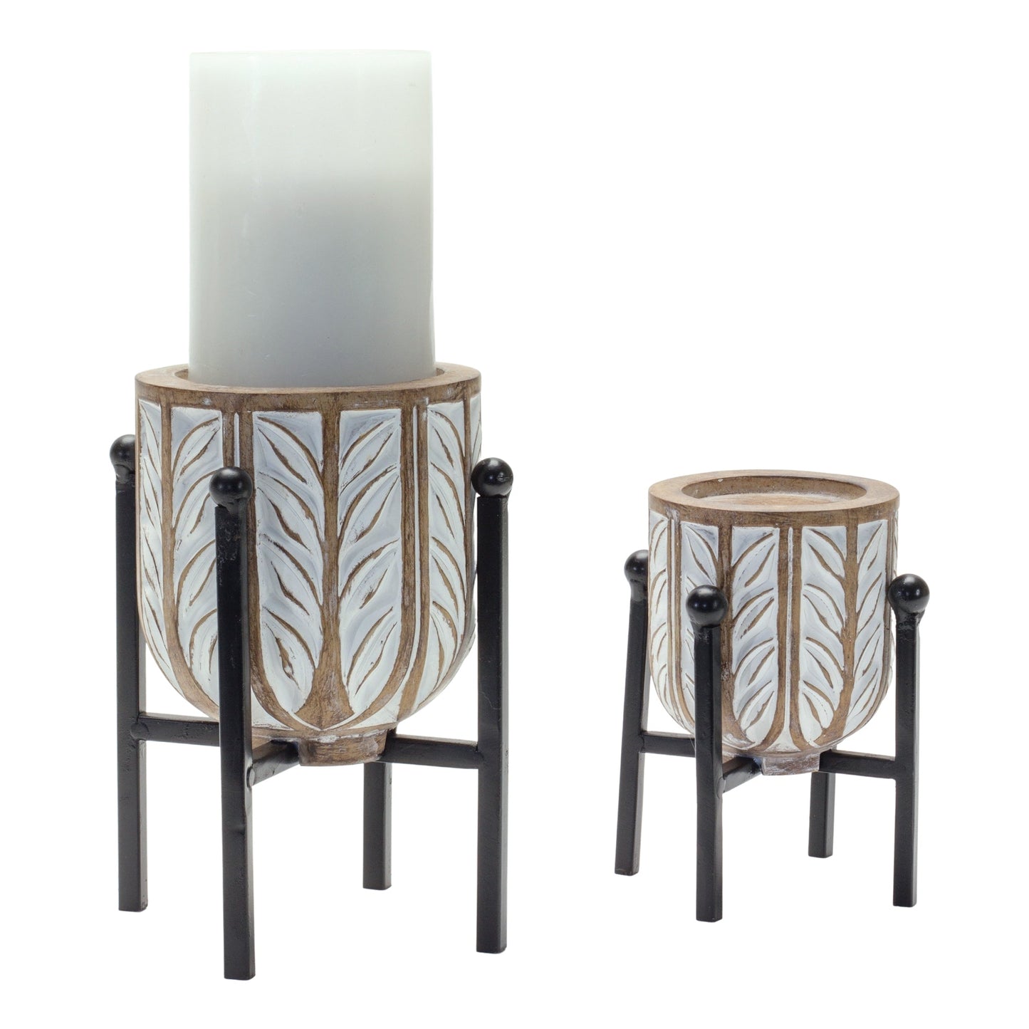 Geometric Wood Design Candle Holder with Metal Stand, Set of 2