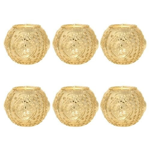 6 Pack | Vintage Mercury Glass Vase and Candle Holders (3.25-Inches, Small Josephine Design, Gold) - Use with Tea lights - for Home Décor, Parties and Weddings