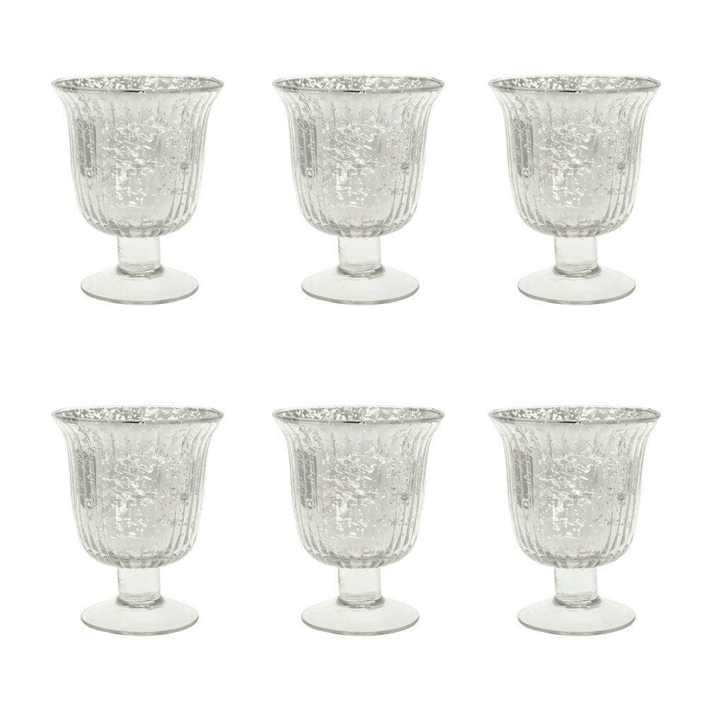 6 Pack | Vintage Mercury Glass Candle Holders (5-Inch, Emma Design, Fluted Urn, Silver) - Decorative Candle Holder - For Home Decor and Wedding Centerpieces