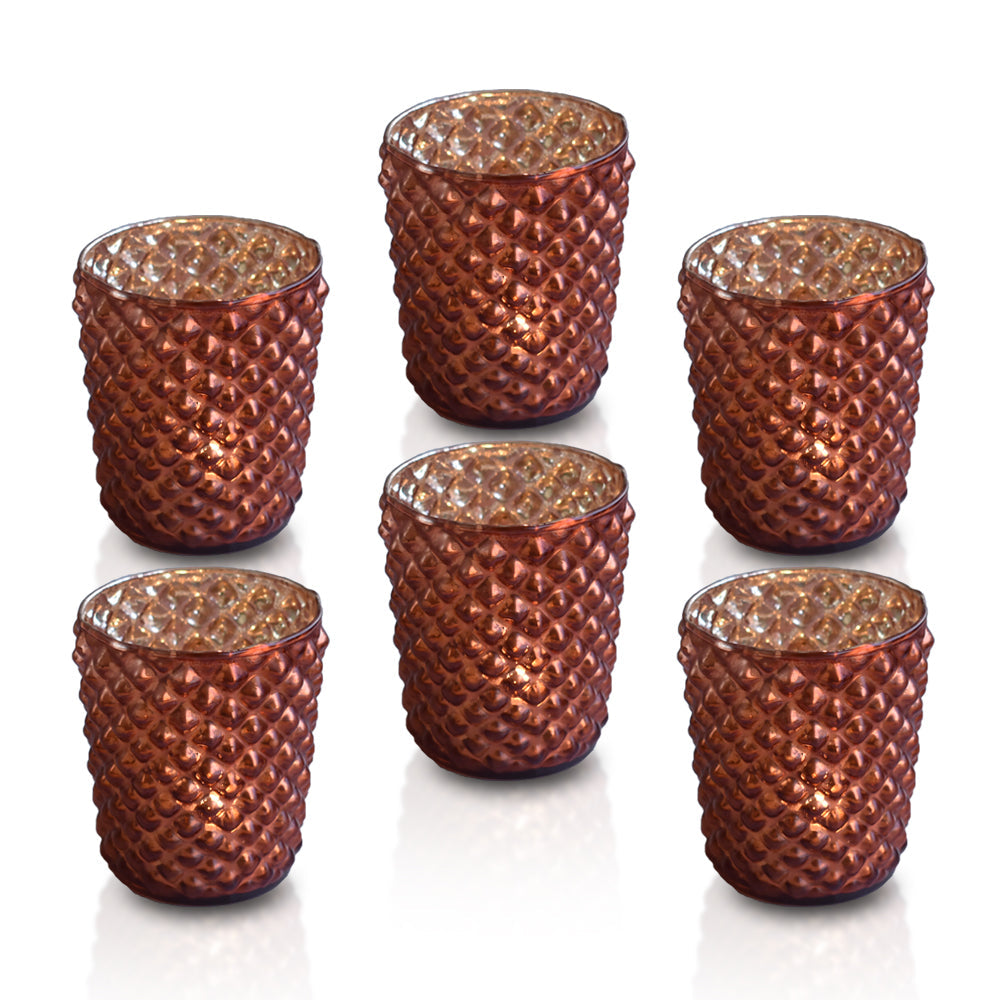 6 Pack | Vintage Mercury Glass Tealight Candle Holders (2.5-Inch, Zariah Design, Rustic Copper Red) - For Use with Tea Lights - For Home Decor, Parties and Wedding Decorations