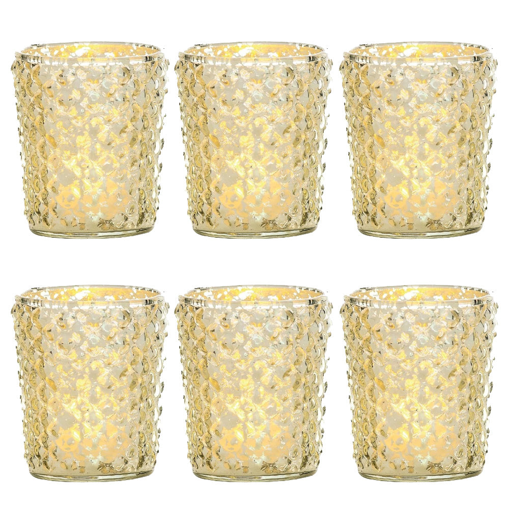 6 Pack | Vintage Mercury Glass Candle Holders (3-Inch, Zariah Design, Gold) - For Use with Tea Lights - For Home Decor, Parties, and Wedding Decorations