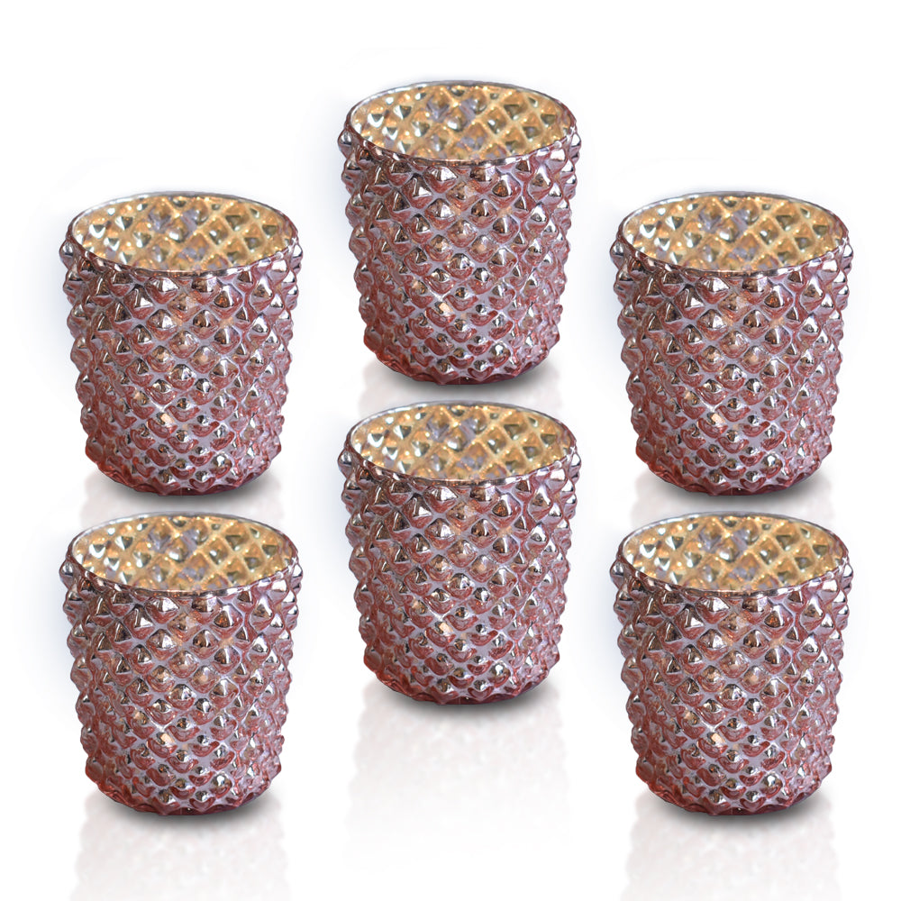 6 Pack | Vintage Mercury Glass Tealight Candle Holders (2.5-Inch, Zariah Design, Rose Gold Pink) - For Use with Tea Lights - For Home Decor, Parties and Wedding Decorations