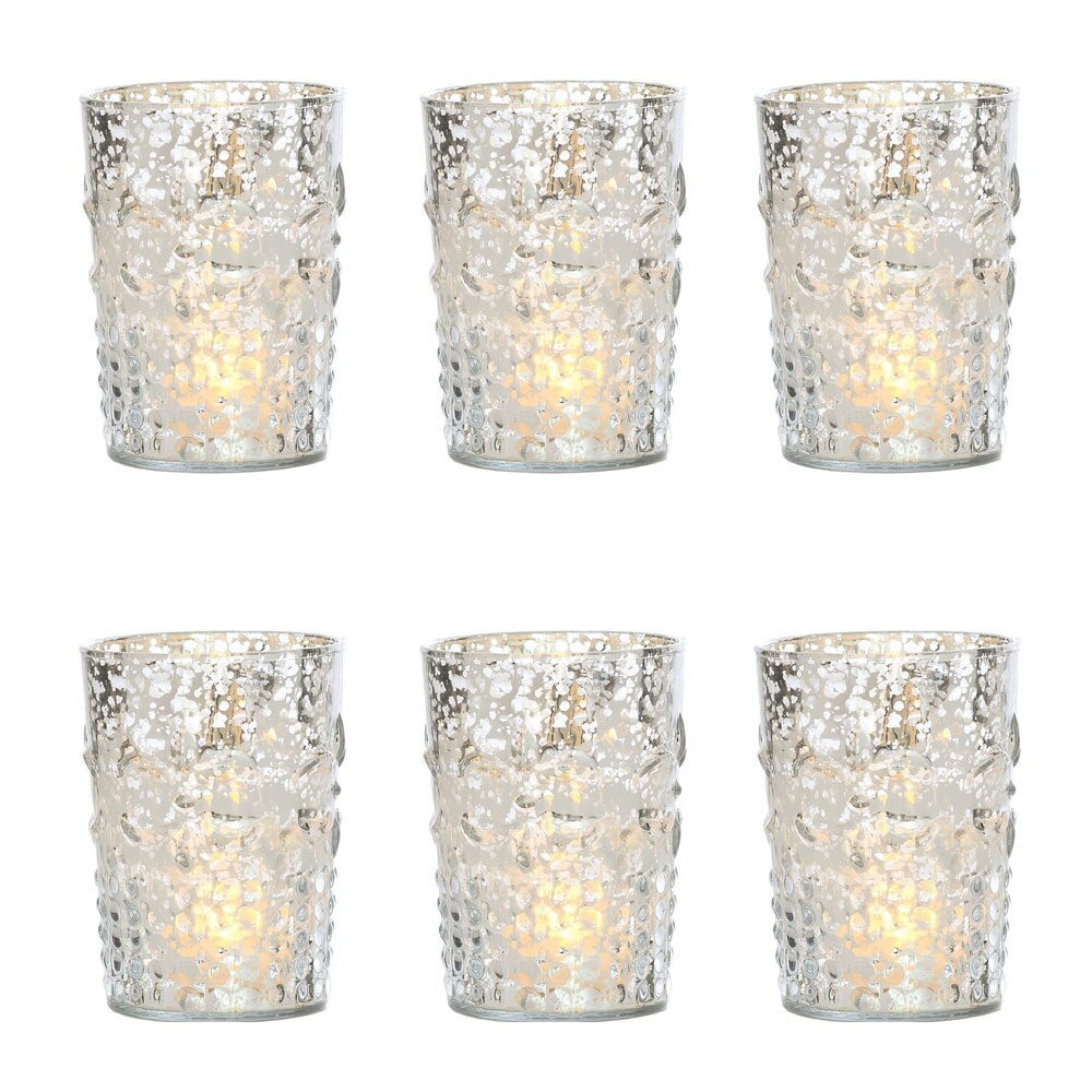 6 Pack | Vintage Mercury Glass Candle Holder (4-Inch, Fleur Design, Flower Motif, Silver) - For Home Decor, Party Decorations and Wedding Centerpieces