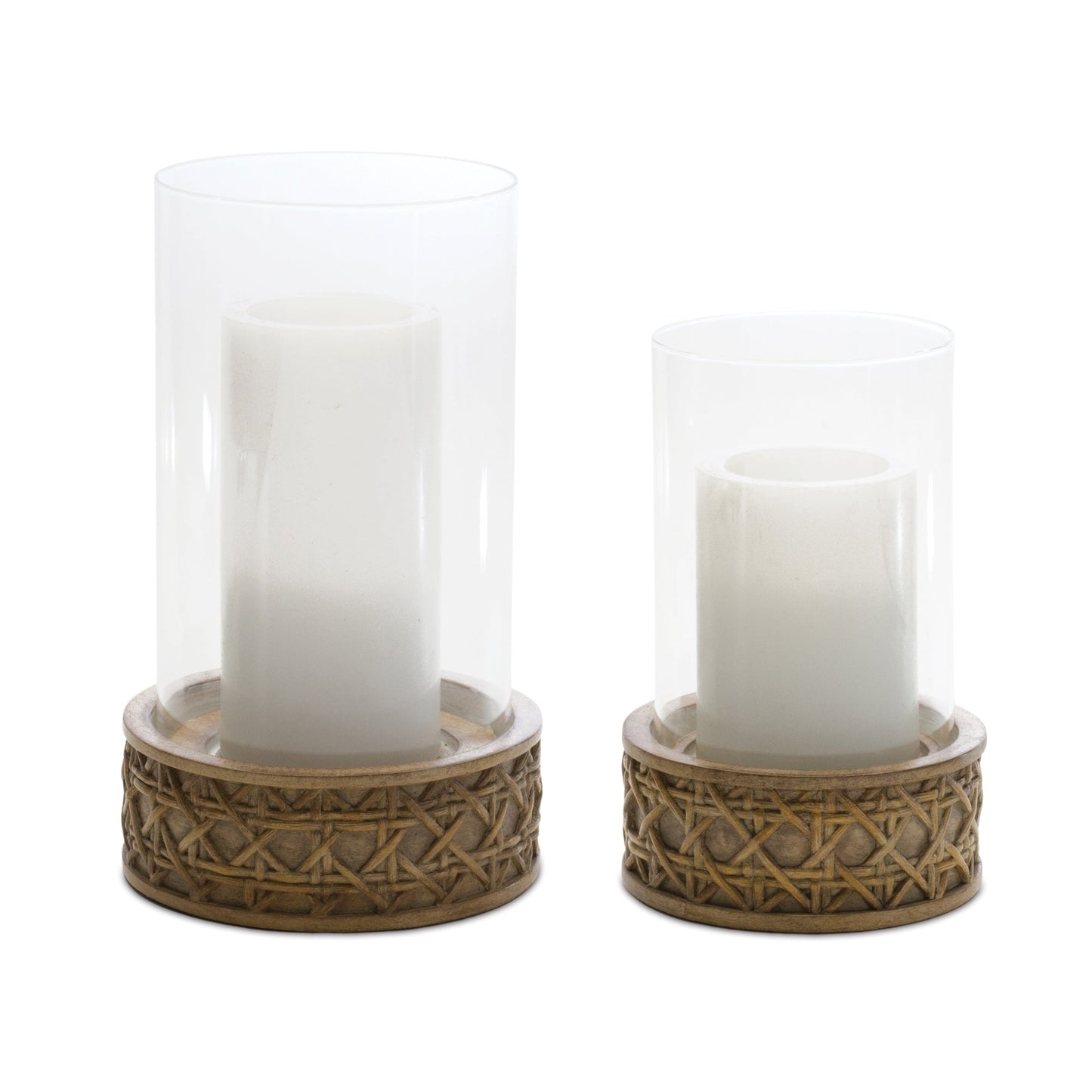 Wicker Design Candle Holder with Glass Hurricane, Set of 2