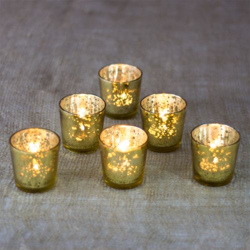 6 Pack | Vintage Mercury Glass Candle Holders (2.5-Inch, Lila Design, Liquid Motif, Gold) - For Use with Tea Lights - For Parties, Weddings and Homes