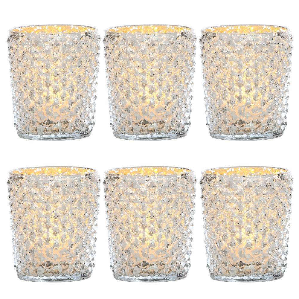 6 Pack | Vintage Mercury Glass Candle Holders (3-Inch, Zariah Design, Silver) - For Use with Tea Lights - For Home Decor, Parties and Wedding Decorations