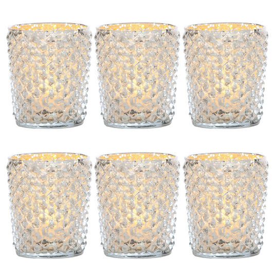 6 Pack | Vintage Mercury Glass Candle Holders (3-Inch, Zariah Design, Silver) - For Use with Tea Lights - For Home Decor, Parties and Wedding Decorations
