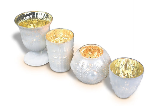 Vintage Glam Mercury Glass Tealight Votive Candle Holders (Pearl White, Set of 4, Assorted Designs and Sizes) - for Weddings, Events and Home Décor