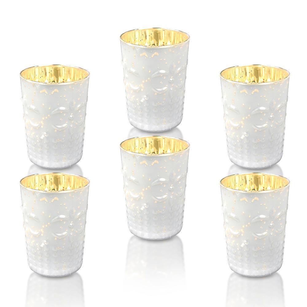 6 Pack | Mercury Glass Tealight Candle Holders (3-Inch, Fleur Design, Pearl White) For Use with Tea Lights
