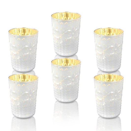 6 Pack | Mercury Glass Tealight Candle Holders (3-Inch, Fleur Design, Pearl White) For Use with Tea Lights