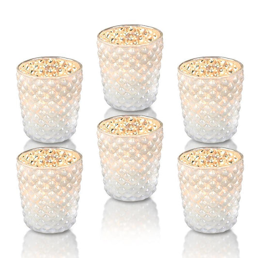 6 Pack | Vintage Mercury Glass Tealight Candle Holders (2.5-Inch, Zariah Design, Pearl White) - For Use with Tea Lights - For Home Decor, Parties and Wedding Decorations