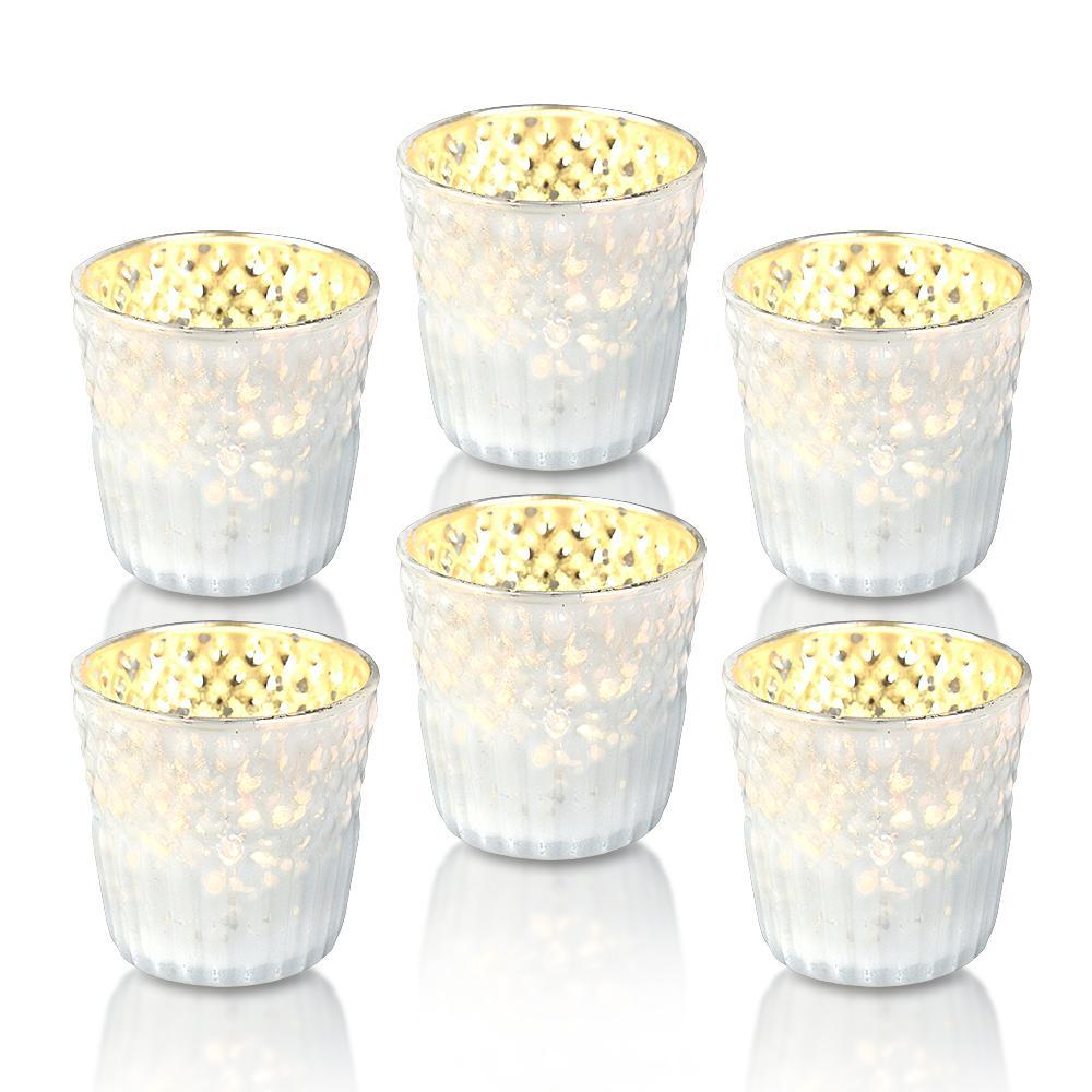 6 Pack | Mercury Glass Tealight Candle Holders (2.75-Inches, Ophelia Design, Pearl White) - For Use with Tea Lights - For Home Decor, Parties and Wedding Decorations