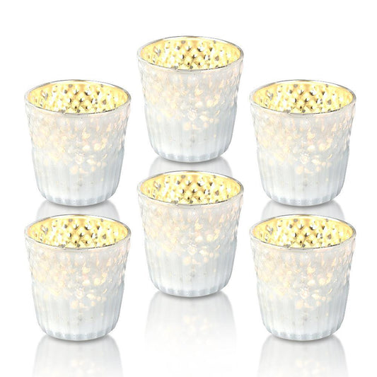 6 Pack | Mercury Glass Tealight Candle Holders (2.75-Inches, Ophelia Design, Pearl White) - For Use with Tea Lights - For Home Decor, Parties and Wedding Decorations