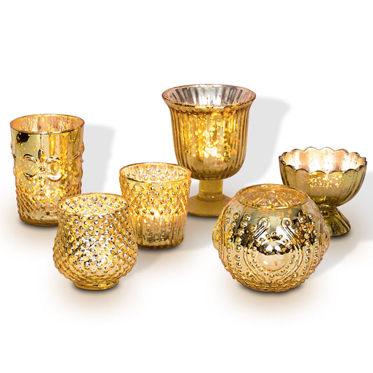 Vintage Glam Gold Mercury Glass Tea Light Votive Candle Holders (6 PACK, Assorted Designs and Sizes)
