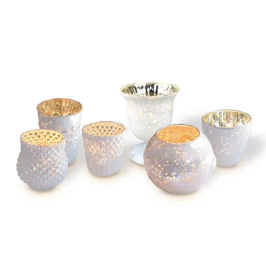 Vintage Glam Pearl White Mercury Glass Tea Light Votive Candle Holders (Set of 6, Assorted Designs and Sizes)