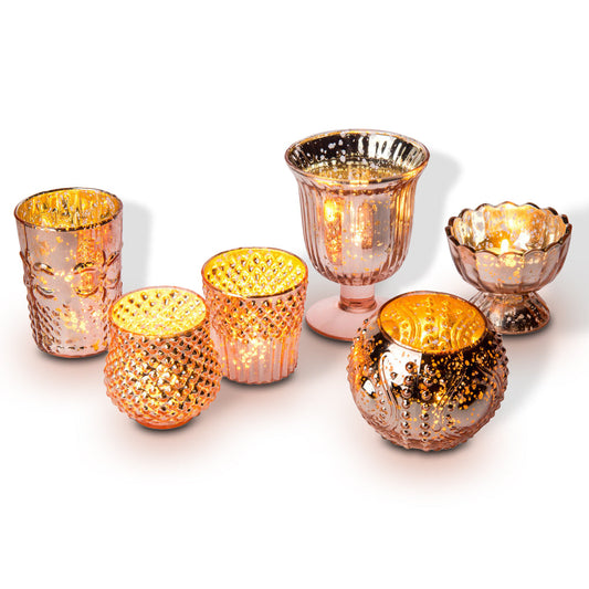 Vintage Glam Rose Gold Pink Mercury Glass Tea Light Votive Candle Holders (6 PACK, Assorted Designs and Sizes)