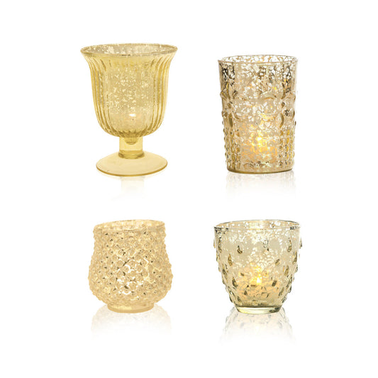 Farmhouse Gold Mercury Glass Tea Light Votive Candle Holders (Set of 4, Assorted Designs and Sizes)