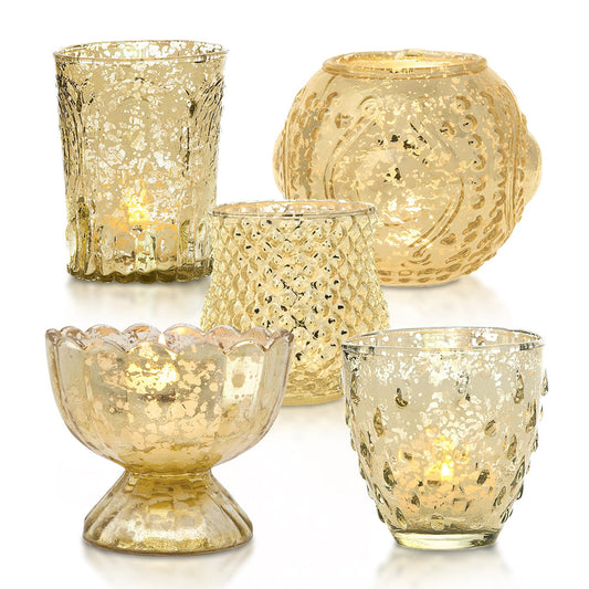 Allure Gold Mercury Glass Tea Light Votive Candle Holders (Set of 5, Assorted Designs and Sizes)