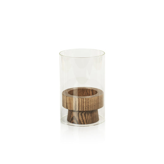 Pillar Holder on Ash Wood Base w/Glass Hurricane