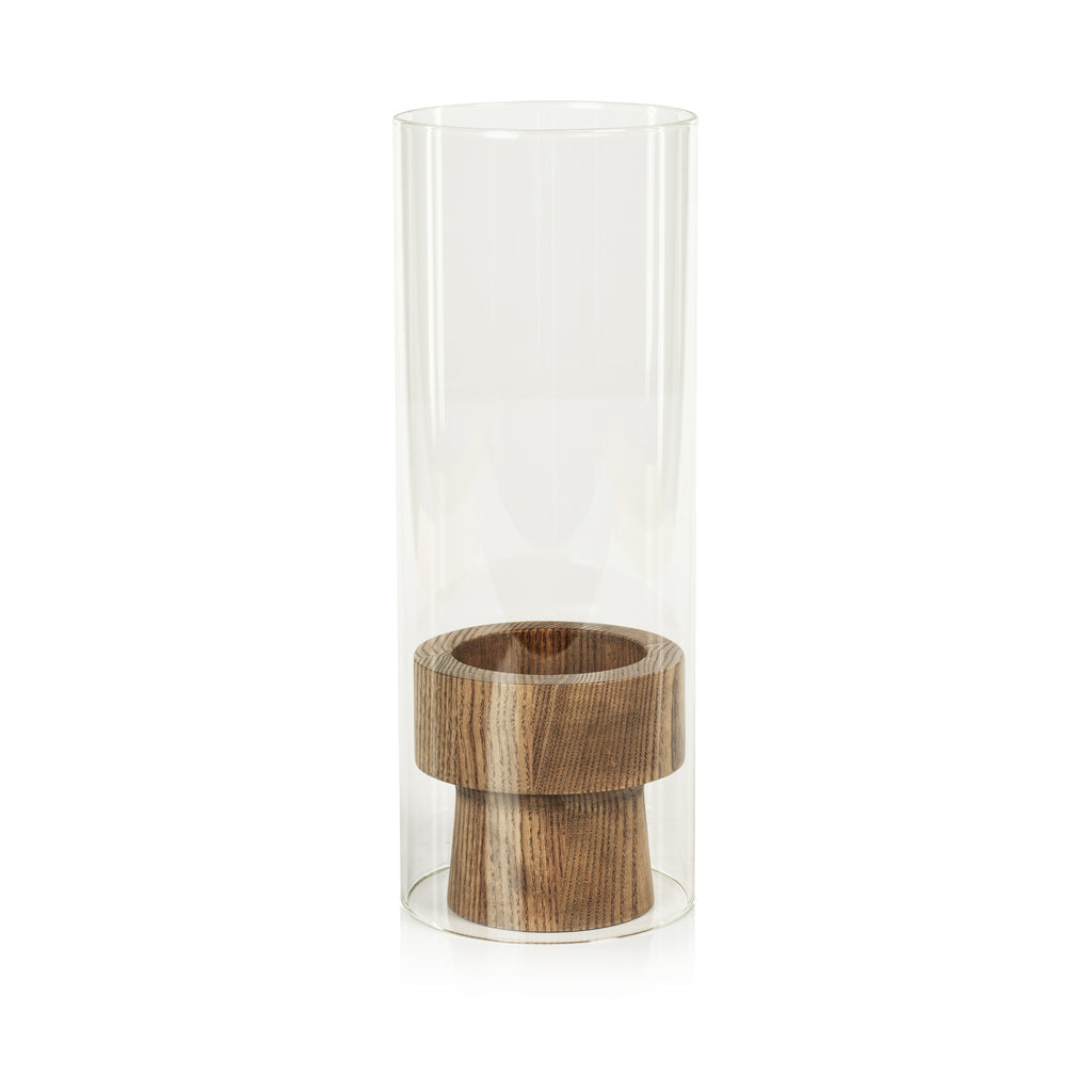 Pillar Holder on Ash Wood Base w/Glass Hurricane