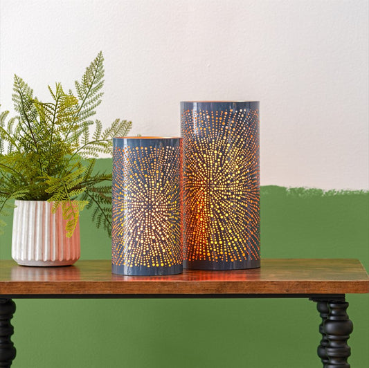 Blue Punched Metal Candle Holder, Set of 2
