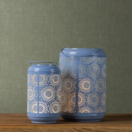 Blue Punched Metal Lantern Candle Holder, Set of 2