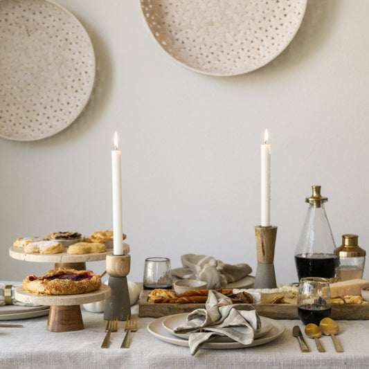 Brown Wood & Gray Cement Candleholders, Set Of 3