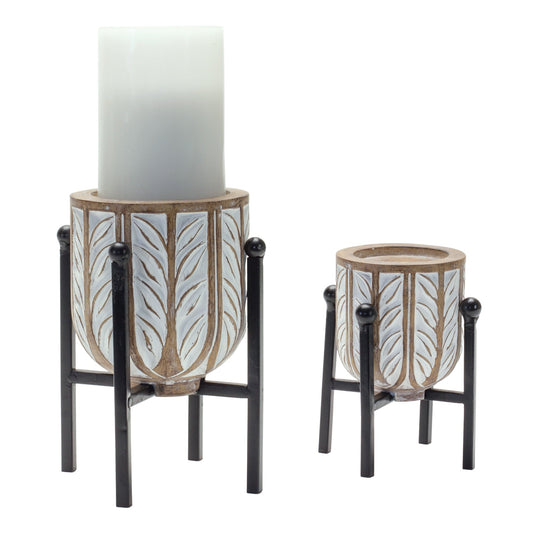 Geometric Wood Design Candle Holder with Metal Stand, Set of 2