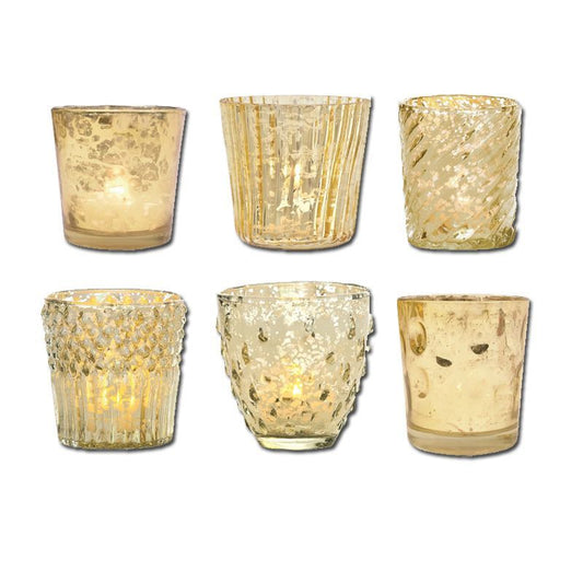Vintage Romance Gold Mercury Glass Tea Light Votive Candle Holders (6 PACK, Assorted Styles)