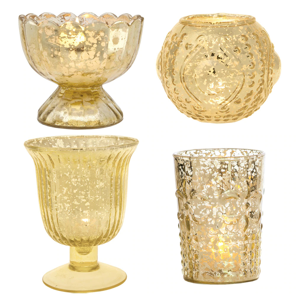 Vintage Glam Mercury Glass Tealight Votive Candle Holders (Gold, Set of 4, Assorted Designs and Sizes) - for Weddings, Events, Parties, and Home D̩ecor