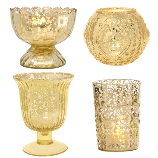 Vintage Glam Mercury Glass Tealight Votive Candle Holders (Gold, Set of 4, Assorted Designs and Sizes) - for Weddings, Events, Parties, and Home D̩ecor