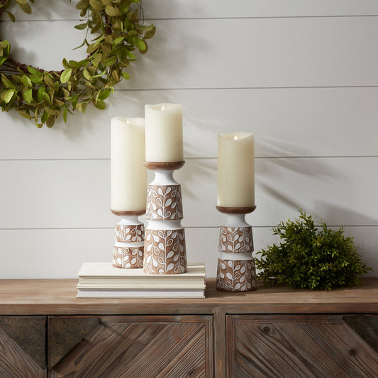 Leaf Pattern Candle Holder with Wood Design, Set of 3