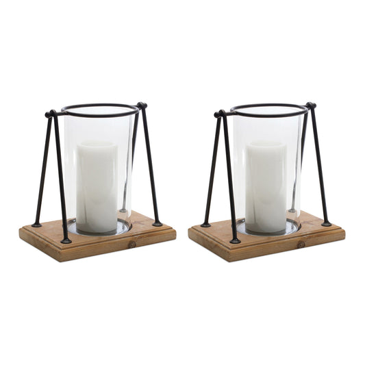 Modern Framed Candle Holder with Wood Base, Set of 2