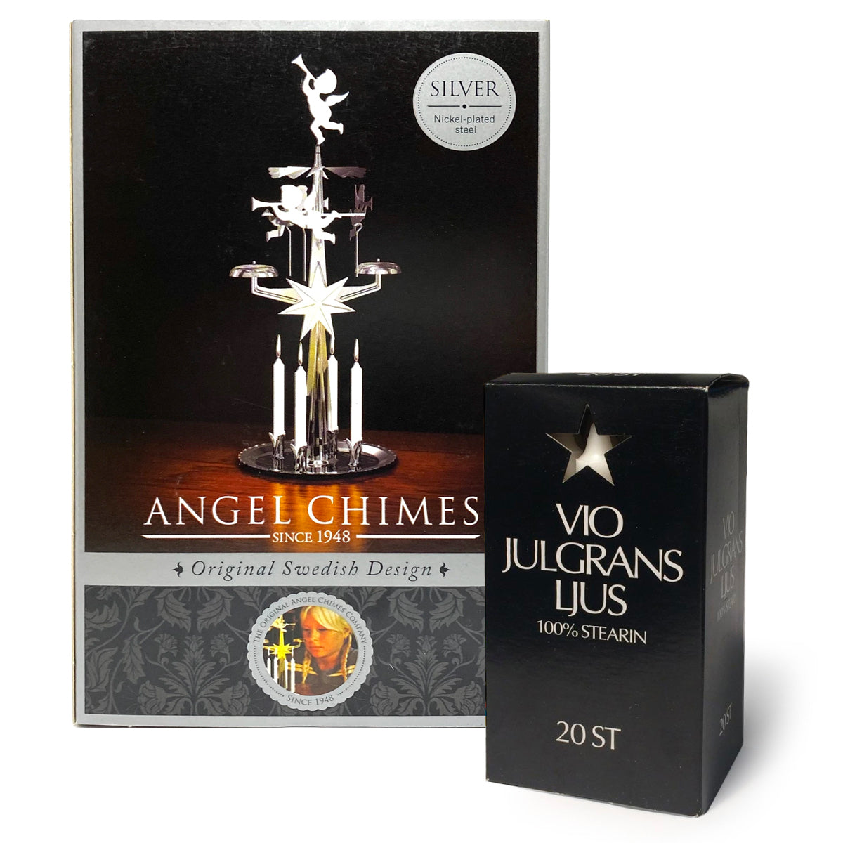 Original Swedish Angel Chimes, Brass or Nickel Plated & Julgransljus Stearin Candles