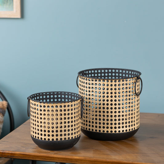 Punched Metal Candle Holder with Rattan Design, Set of 2