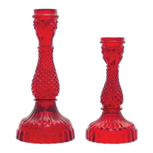 Red Glass Taper Candle Holder, Set of 2