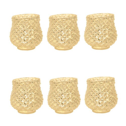 6 Pack | Vintage Mercury Glass Vase and Candle Holders (3-Inch, Small Ruby, Gold)  - For Use with Tea Lights - For Home Decor, Parties and Wedding Decorations