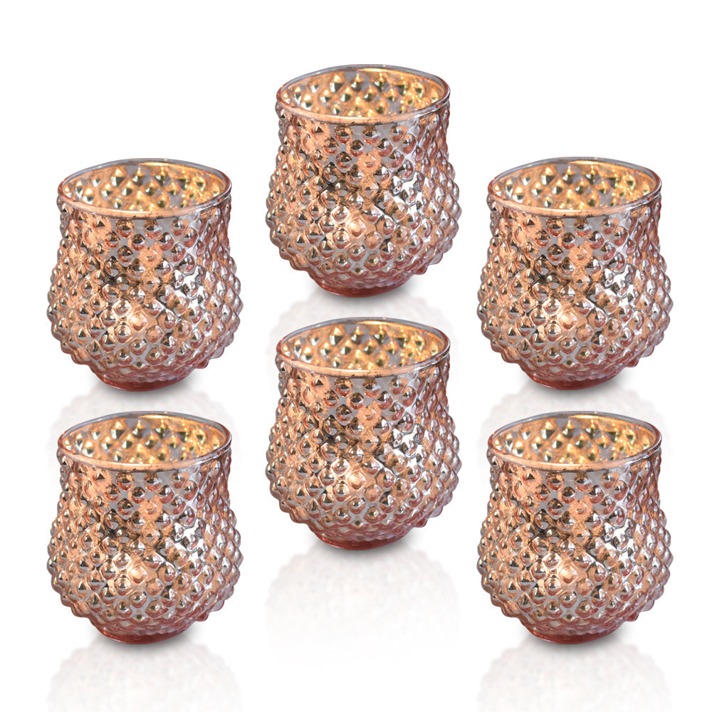 6 Pack | Vintage Mercury Glass Vase and Candle Holders (3-Inch, Small Ruby, Rose Gold Pink)  - For Use with Tea Lights - For Home Decor, Parties and Wedding Decorations