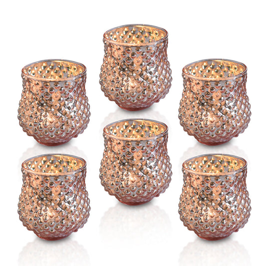 6 Pack | Vintage Mercury Glass Vase and Candle Holders (3-Inch, Small Ruby, Rose Gold Pink)  - For Use with Tea Lights - For Home Decor, Parties and Wedding Decorations