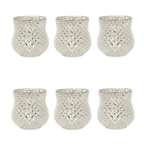6 Pack | Vintage Mercury Glass Candle Holders (3-Inch, Small Ruby Design, Silver) - Decorative Candle Holder - For Home Decor and Wedding Centerpieces
