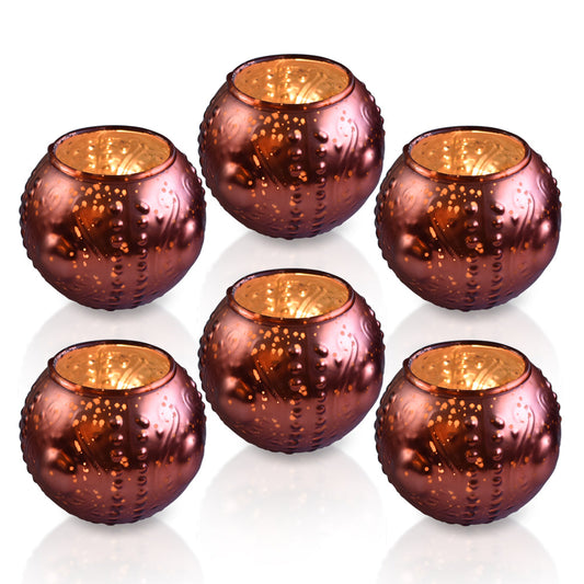 6 Pack | Vintage Mercury Glass Vase and Candle Holders (3.25-Inches, Small Josephine Design, Rustic Copper Red) - Use with Tea lights - for Home Décor, Parties and Weddings
