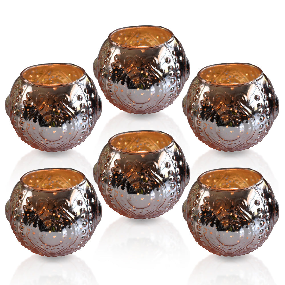 6 Pack | Vintage Mercury Glass Vase and Candle Holders (3.25-Inches, Small Josephine Design, Rose Gold Pink) - Use with Tea lights - for Home Décor, Parties and Weddings