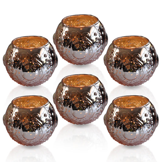 6 Pack | Vintage Mercury Glass Vase and Candle Holders (3.25-Inches, Small Josephine Design, Rose Gold Pink) - Use with Tea lights - for Home Décor, Parties and Weddings