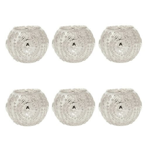 6 Pack | Vintage Mercury Glass Vase and Candle Holders (3.25-Inches, Small Josephine Design, Silver) - Use with Tea lights - for Home Décor, Parties and Weddings