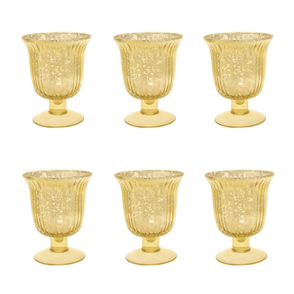 6 Pack | Vintage Mercury Glass Candle Holders (5-Inch, Emma Design, Fluted Urn, Gold) - Decorative Candle Holder - For Home Decor, Party Decorations, and Wedding Centerpieces