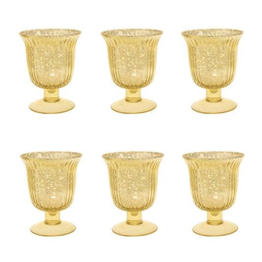 6 Pack | Vintage Mercury Glass Candle Holders (5-Inch, Emma Design, Fluted Urn, Gold) - Decorative Candle Holder - For Home Decor, Party Decorations, and Wedding Centerpieces