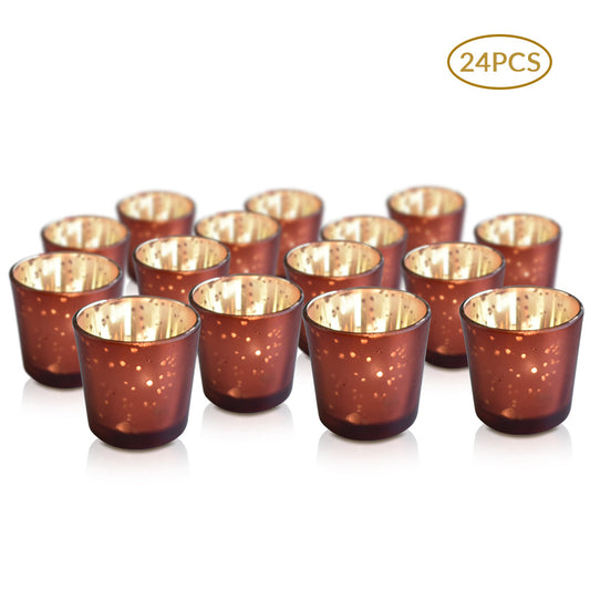 24 Pack | Vintage Mercury Glass Candle Holders (2.5-Inch, Lila Design, Liquid Motif, Rustic Copper Red) - For Use with Tea Lights - For Parties, Weddings and Homes